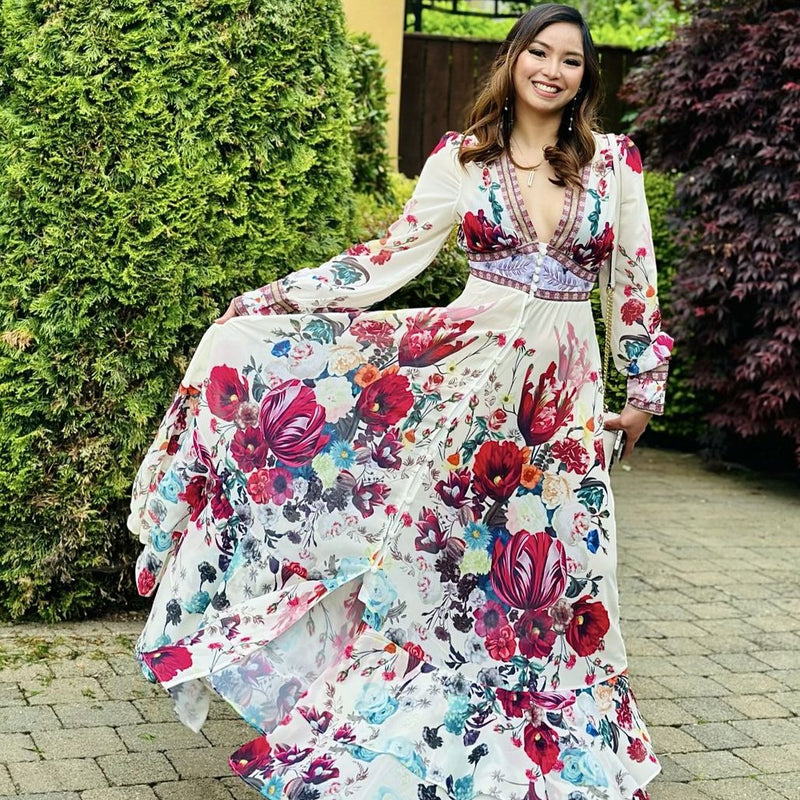 Rochie Oshea crem cu nasturi si imprimeu floral