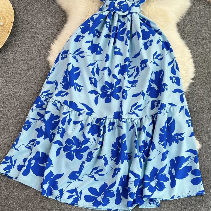 Rochie Gamma albastra cu imprimeu floral si curea accesorizata