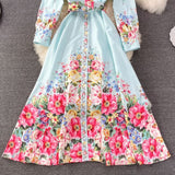 Rochie Danarys albastra cu imprimeu floral si curea accesorizata