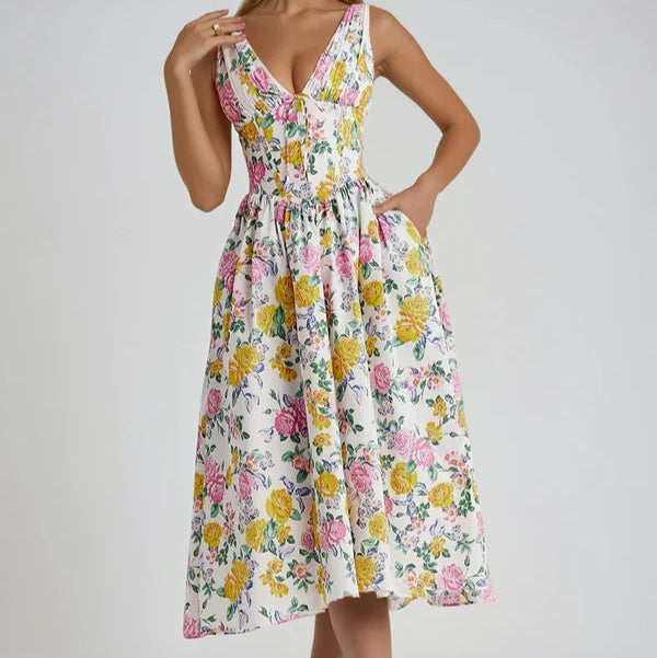 Rochie Tabby galbena cu decolteu in V si croi tip corset in talie