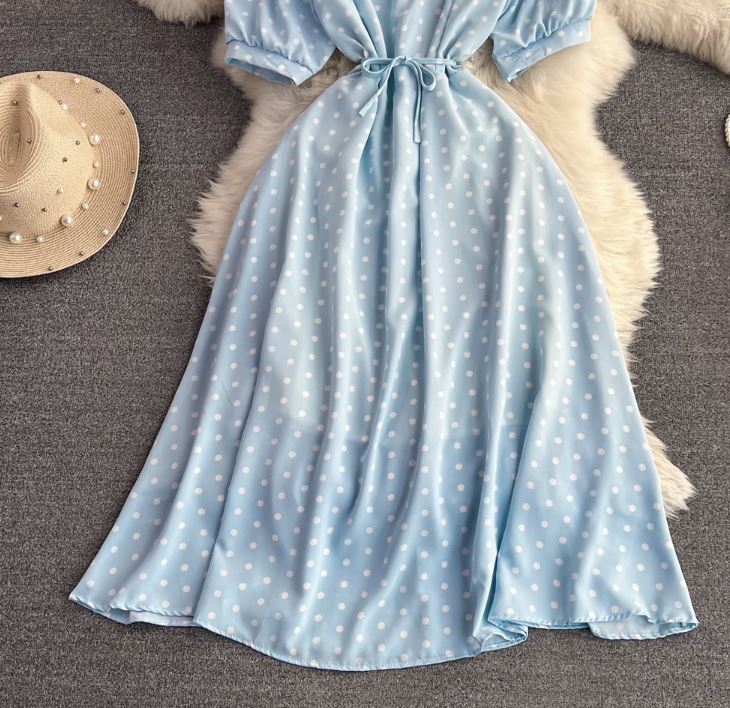 Rochie Amedia albastra cu imprimeu buline si guler dublu