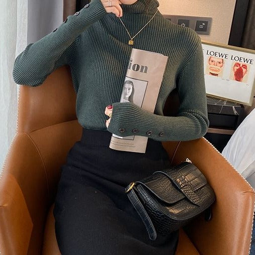 Bluza Raella verde din tricot reiat cu nasturi la mansete