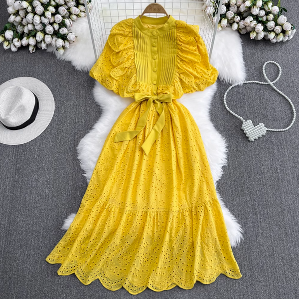 Rochie Freance galbena din dantela brodata accesorizata cu volanase