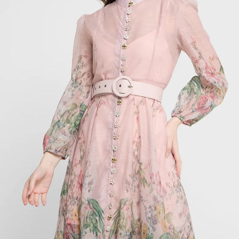 Rochie Rania roz cu imprimeu floral si curea accesorizata