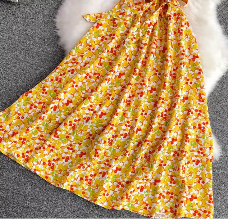 Rochie Ressa galben cu maneci scurte si imprimeu floral
