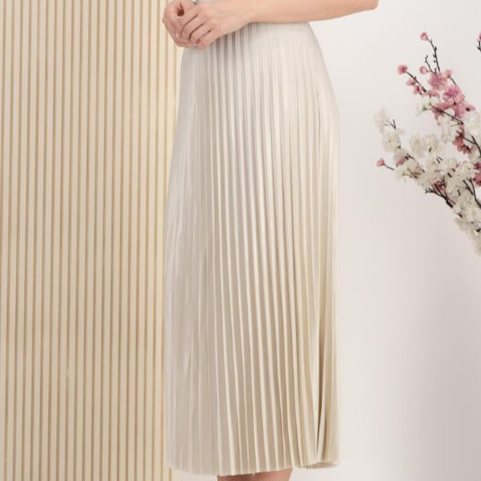 Fusta Gliss crem plisata din satin cu talie elastica