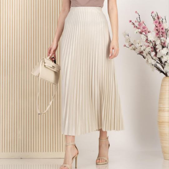 Fusta Gliss crem plisata din satin cu talie elastica