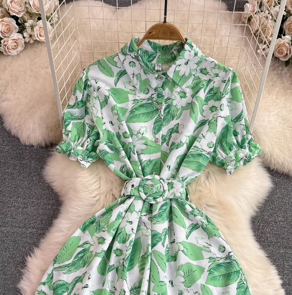 Rochie Gamma verde deschis cu imprimeu floral si curea accesorizata