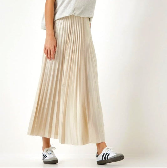 Fusta Gliss crem plisata din satin cu talie elastica