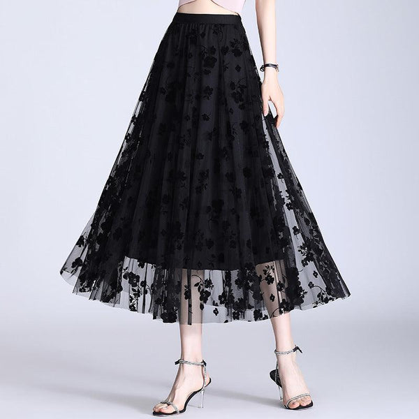 Fusta midi Lusha neagra cu aplicatii florale si fata reversibila