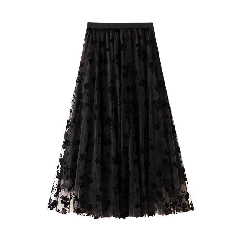 Fusta midi Lusha neagra cu aplicatii florale si fata reversibila