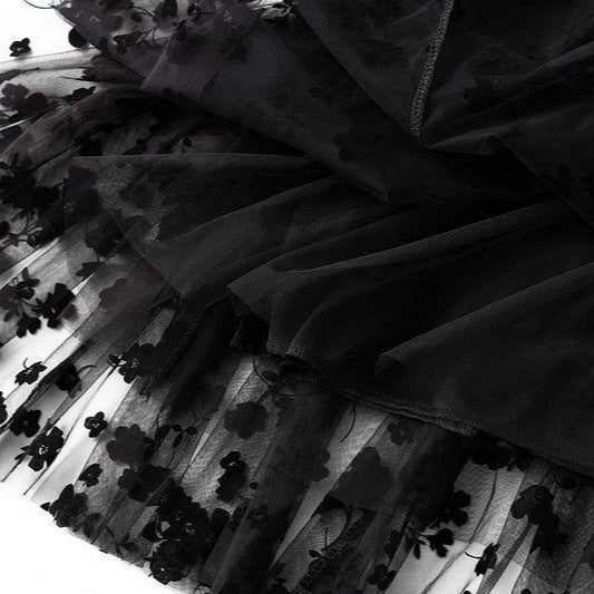Fusta midi Lusha neagra cu aplicatii florale si fata reversibila
