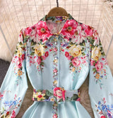 Rochie Danarys albastra cu imprimeu floral si curea accesorizata