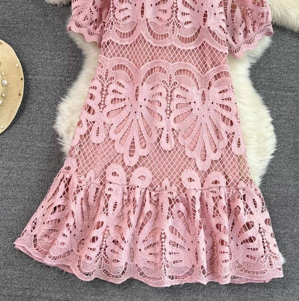 Rochie Ophelia roz deschis din dantela brodata