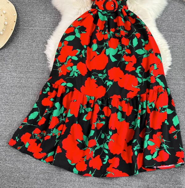 Rochie Gamma neagra cu imprimeu floral si curea accesorizata