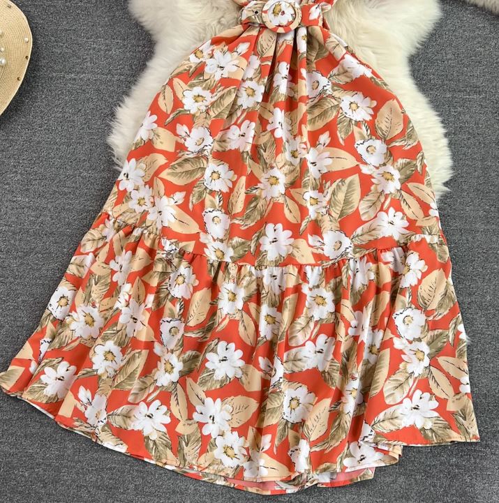 Rochie Gamma portocalie cu imprimeu floral si curea accesorizata