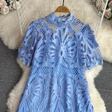 Rochie Ophelia albastru din dantela brodata