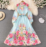 Rochie Danarys albastra cu imprimeu floral si curea accesorizata