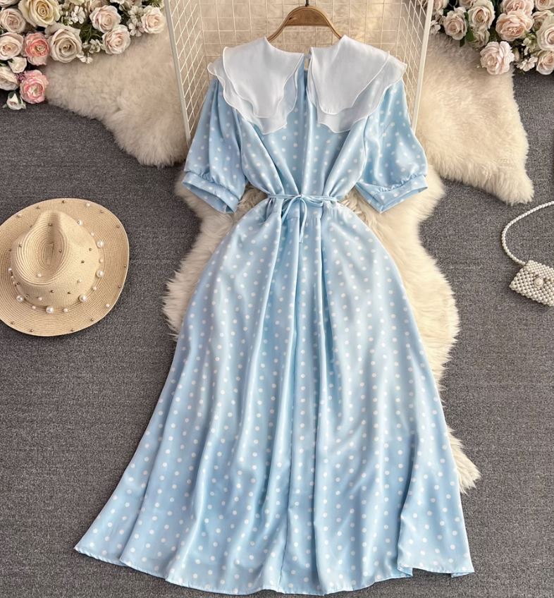Rochie Amedia albastra cu imprimeu buline si guler dublu