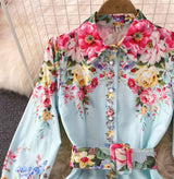 Rochie Danarys albastra cu imprimeu floral si curea accesorizata