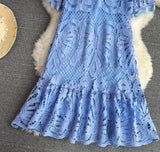 Rochie Ophelia albastru din dantela brodata