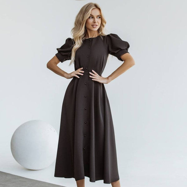 Rochie Afra neagra cu nasturi tip perle si maneci bufante