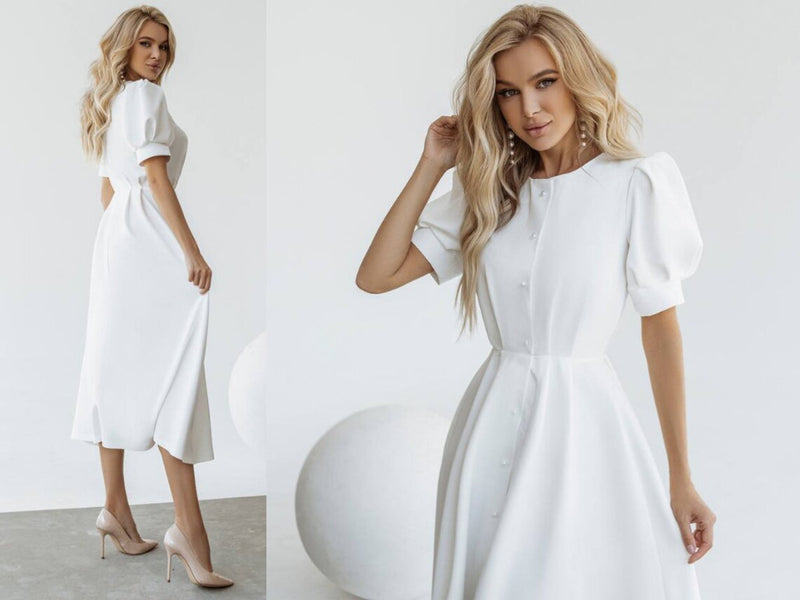 Rochie Afra alba cu nasturi tip perle si maneci bufante