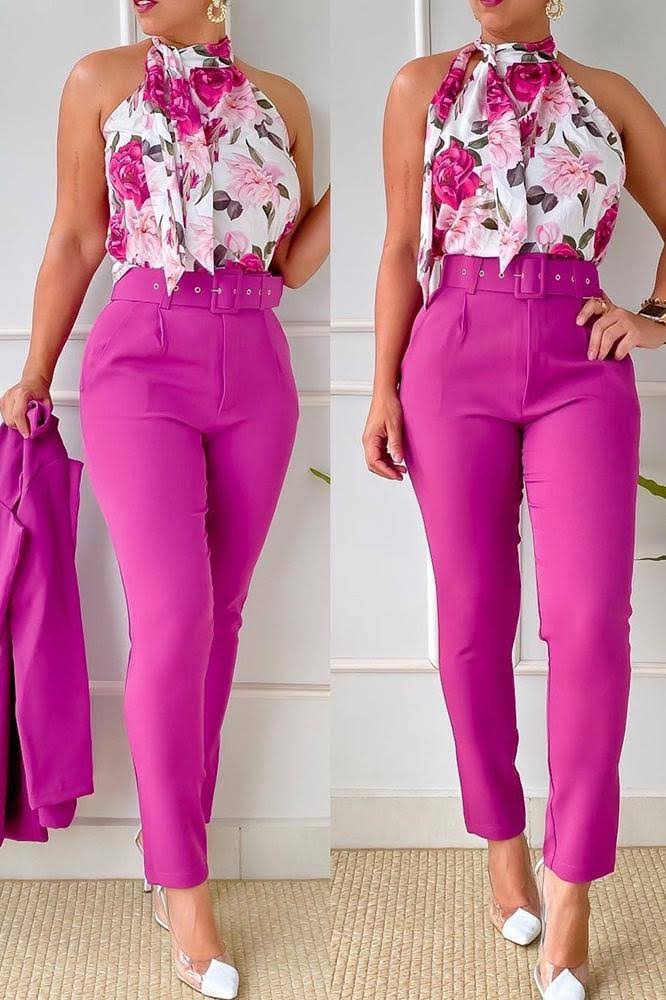 Set Denda roz fucsia compus din pantaloni office cu talie inalta si top