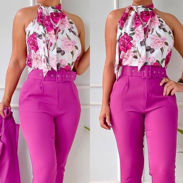 Set Denda roz fucsia compus din pantaloni office cu talie inalta si top