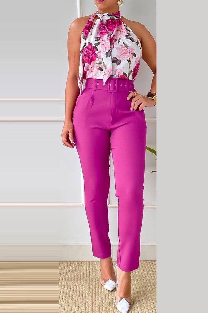 Set Denda roz fucsia compus din pantaloni office cu talie inalta si top