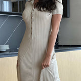 Rochie Ella alba cu guler polo din tricot reiat