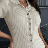 Rochie Ella crem cu guler polo din tricot reiat