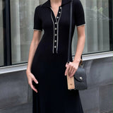 Rochie Ella neagra cu guler polo din tricot reiat