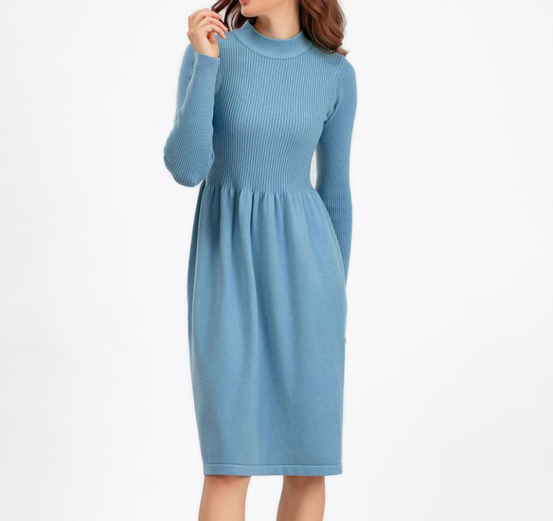 Rochie Ambra albastra din tricot reiat