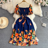 Rochie Lanna bleumarin cu decolteu patrat si imprimeu floral