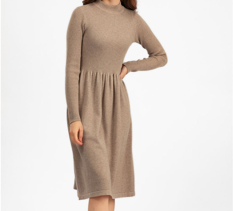 Rochie Ambra bej din tricot reiat