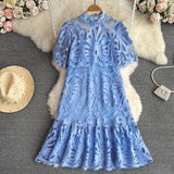 Rochie Ophelia albastru din dantela brodata