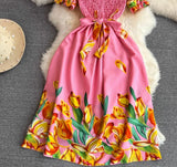 Rochie Lanna roz deschis cu decolteu patrat si imprimeu floral