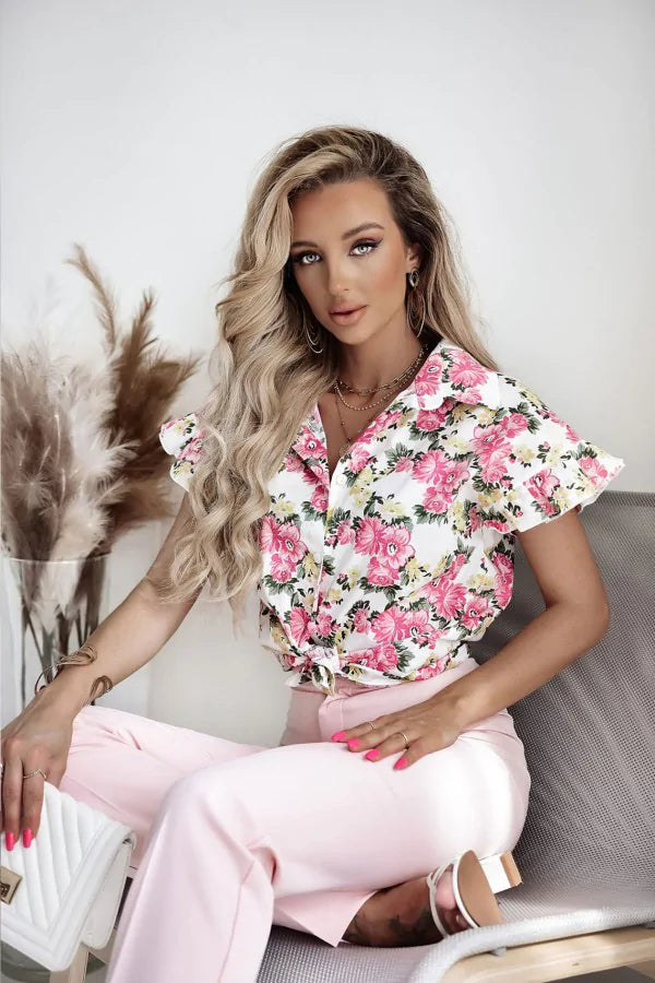 Camasa Simina cu imprimeu floral si maneci scurte