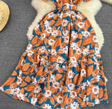 Rochie Gamma albastru petrol cu imprimeu floral si curea accesorizata