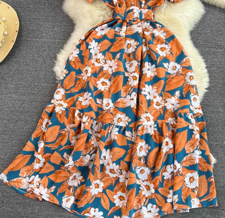 Rochie Gamma albastru petrol cu imprimeu floral si curea accesorizata