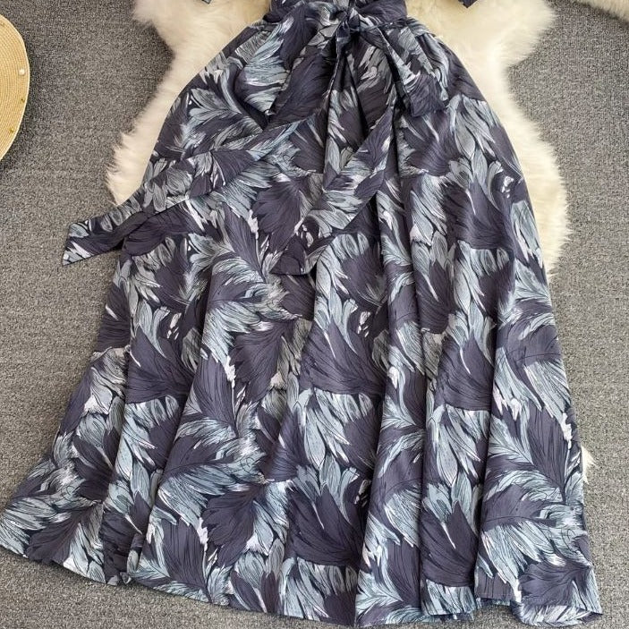 Rochie Onissia gri cu imprimeu si cordon accesorizat