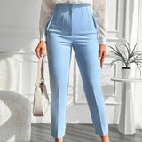 Pantaloni Jemma albastru pastel cu talie inalta, croiala conica si pense