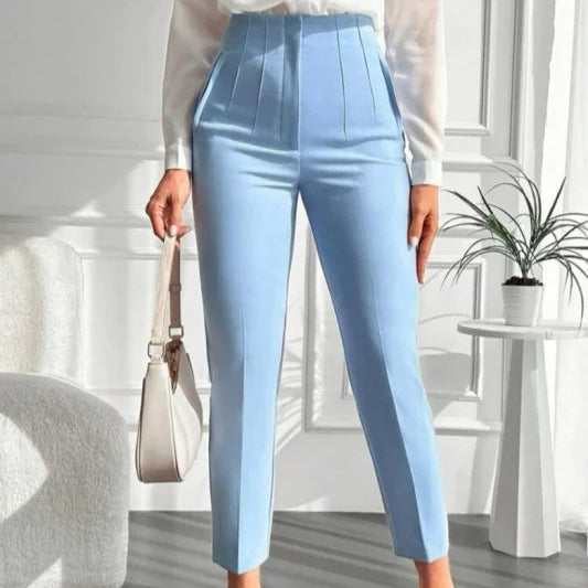 Pantaloni Jemma albastru pastel cu talie inalta, croiala conica si pense