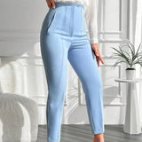 Pantaloni Jemma albastru pastel cu talie inalta, croiala conica si pense