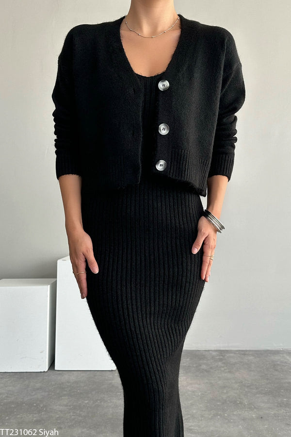 Set Denissa negru din tricot format din rochie midi si jerseu scurt