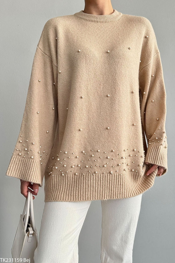 Pulover Oceane bej din tricot accesorizat cu perle