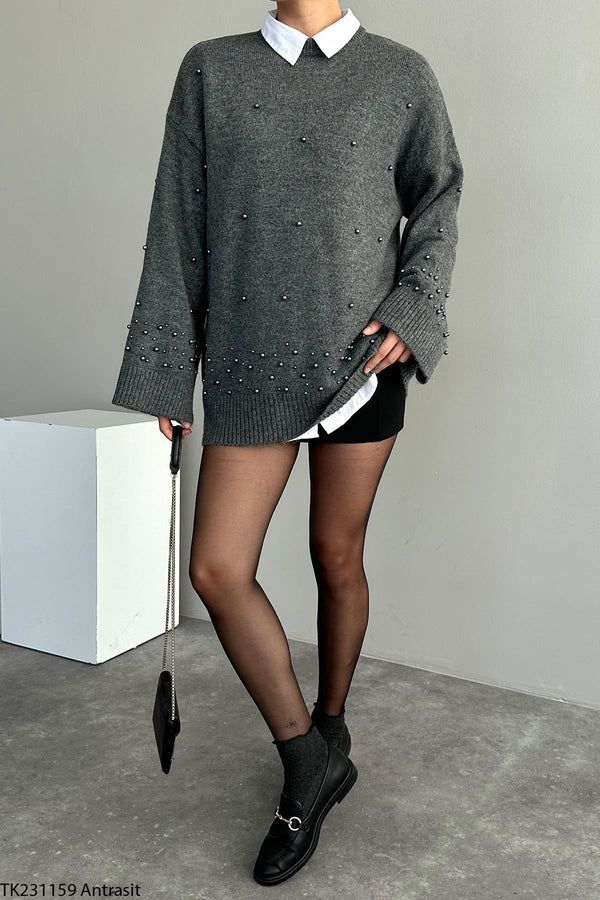 Pulover Oceane gri din tricot accesorizat cu perle