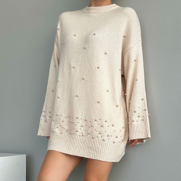 Pulover Oceane crem din tricot accesorizat cu perle