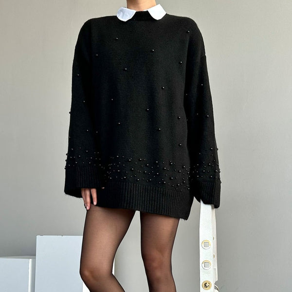 Pulover Oceane negru din tricot accesorizat cu perle